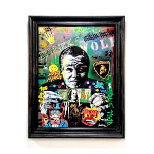 Cuadro de gran formato con Jordan Belfort, billetes, logos de marcas de lujo y estética de "éxito"