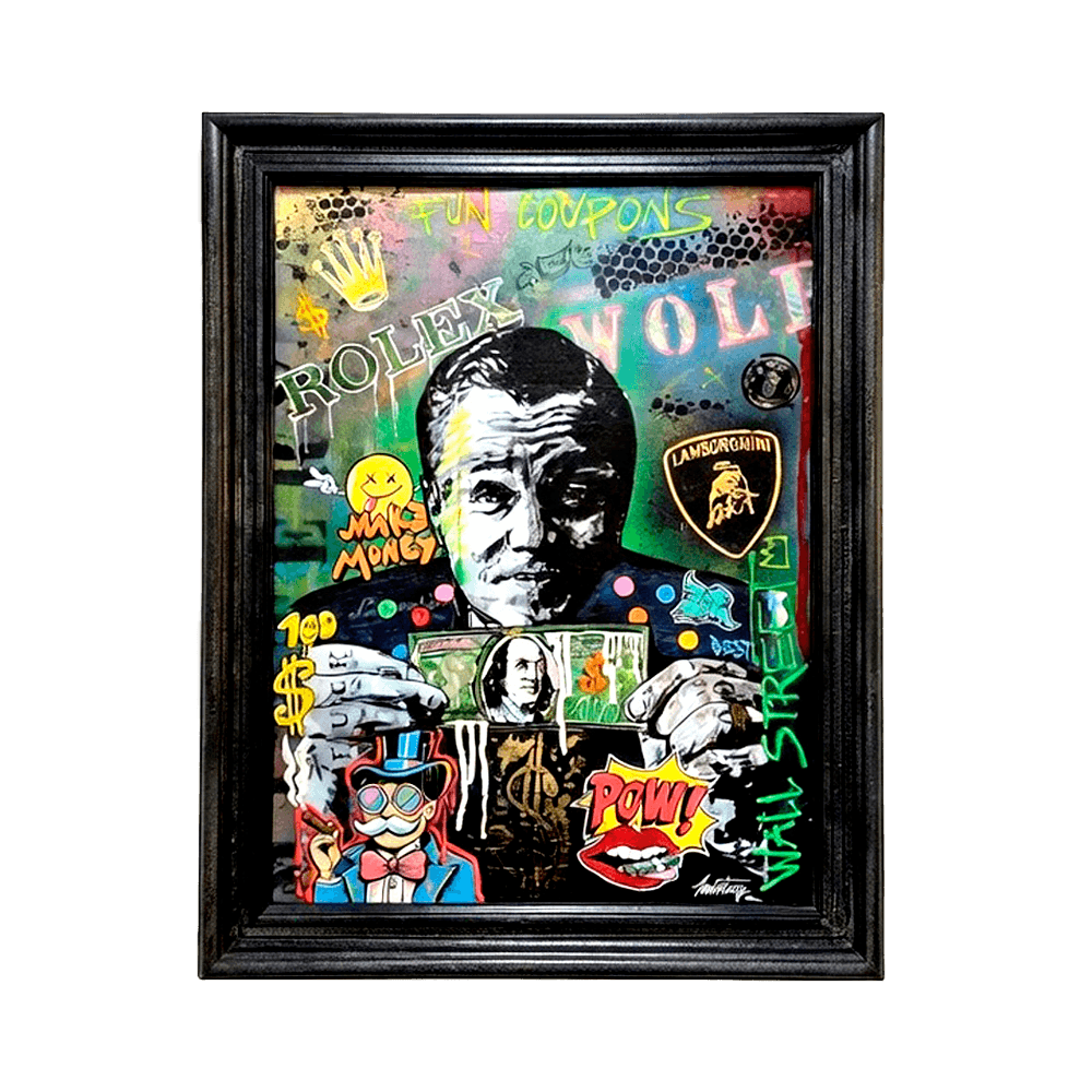 Cuadro de arte pop inspirado en El Lobo de Wall Street con collage de elementos financieros, logos de lujo y texturas de grafiti sobre fondo oscuro.