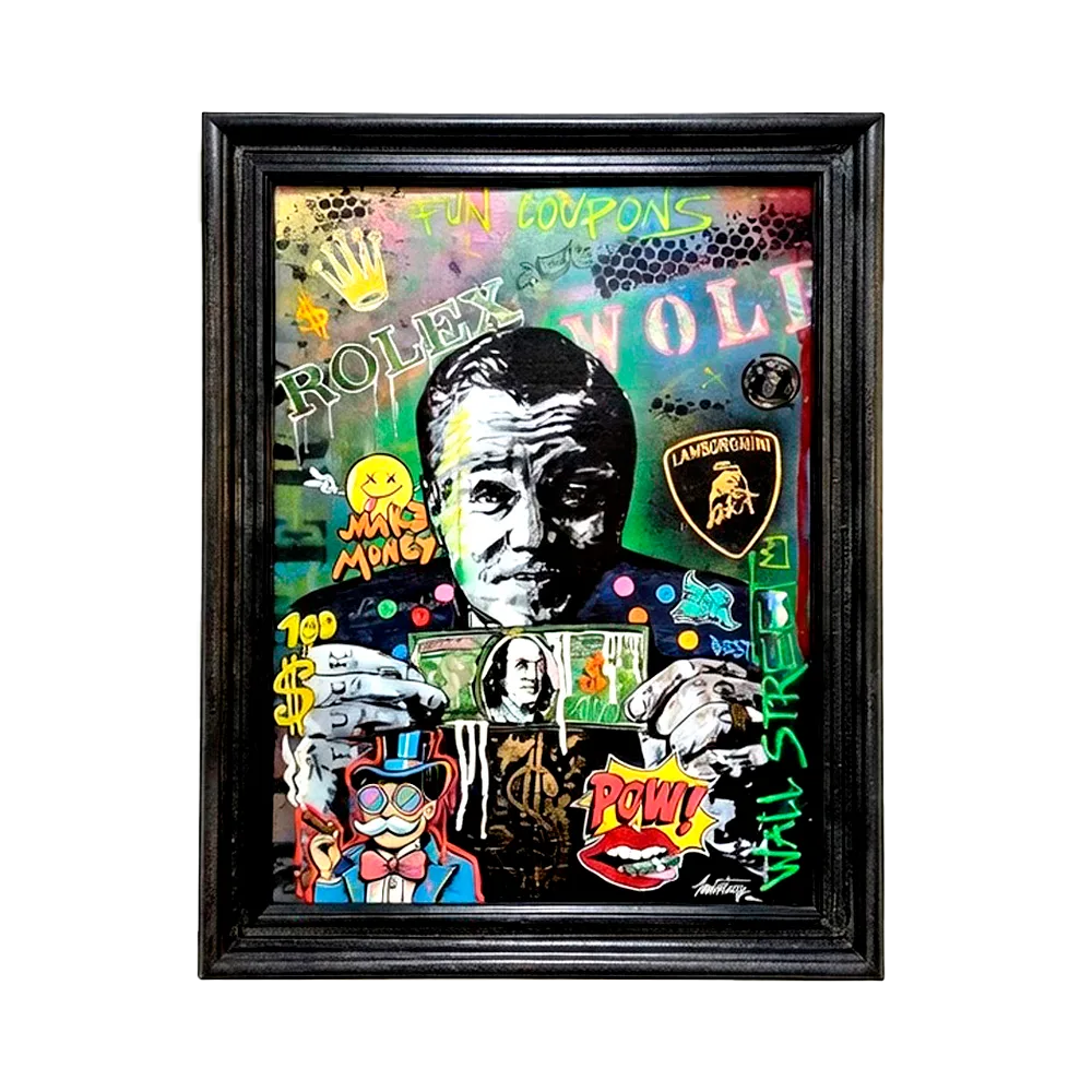 Cuadro de arte pop inspirado en El Lobo de Wall Street con collage de elementos financieros, logos de lujo y texturas de grafiti sobre fondo oscuro.