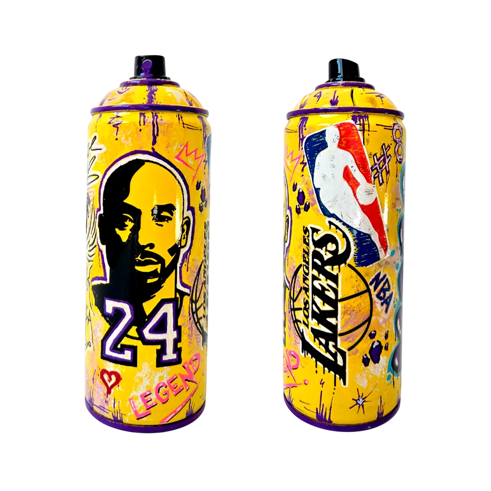 Set de botes de spray decorativos con retratos de Kobe Bryant y logos de los LA Lakers en amarillo y morado, arte urbano de colección.